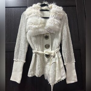 Christine Phillipe Fur Collar Cream Knit Cardigan
